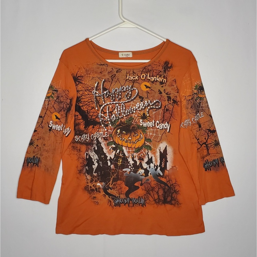 Cactus Sequin Graphic Top Women Large Halloween Jack O Lantern Fall October